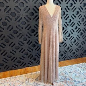 Betsy & Adam | Metallic Wrap Bodice Long Sleeve Gown